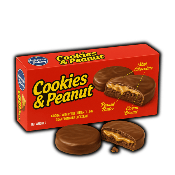 Photo du paquet American Bakery Cookies & Peanut 96g – cookies moelleux aux éclats de cacahuètes grillées, disponibles sur OhMyCandy.fr