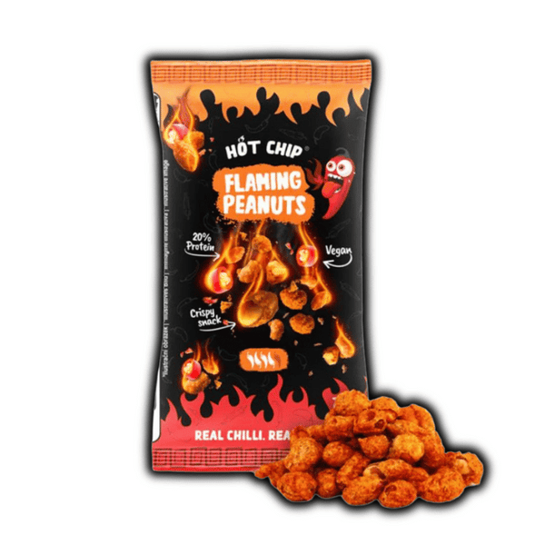 Photo du sachet Hot Chip Peanuts Flaming – cacahuètes enrobées d’épices ultra piquantes, snack extrême dispo sur OhMyCandy.fr