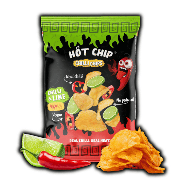 Photo du paquet Hot Chip Potato Chips Chili & Lime 80g – chips croustillantes au piment et citron vert, snack piquant dispo sur OhMyCandy.fr
