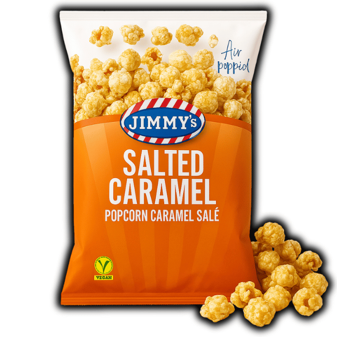 Photo du sachet Jimmy’s Pop Corn Salted Caramel – popcorn sucré-salé au caramel beurre salé, croustillant et gourmand, vendu sur OhMyCandy.fr