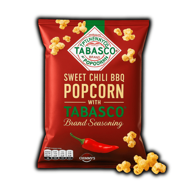 Photo du sachet Jimmy’s Tabasco Popcorn Sweet Chili BBQ 90g – popcorn épicé au goût barbecue piment doux, snack original et piquant disponible sur OhMyCandy.fr