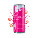 Photo de la canette Red Bull Summer Edition White Peach 25cl – boisson énergisante saveur pêche blanche, édition limitée dispo sur OhMyCandy.fr