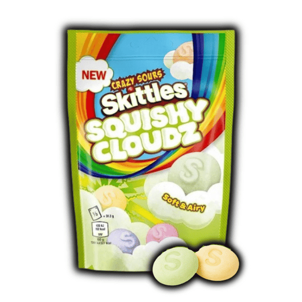 Photo du sachet Skittles Squishy Cloudz Sour – bonbons moelleux et acidulés aux saveurs fruitées, disponibles sur OhMyCandy.fr