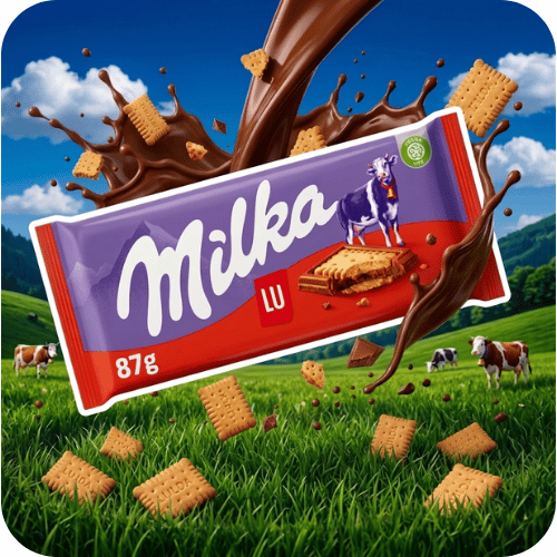 Tablette Milka & LU 87g — chocolat au lait alpin avec biscuit LU, emballage violet et rouge