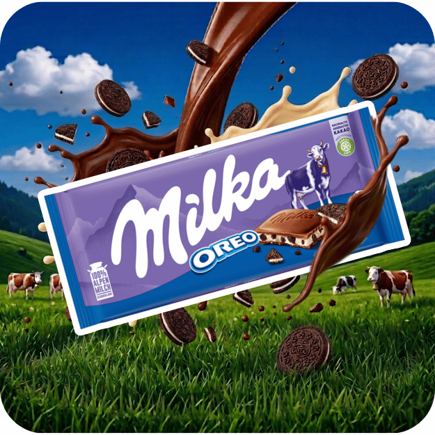 Tablette Milka Oreo — chocolat au lait alpin fourré à la crème et biscuit Oreo, emballage violet