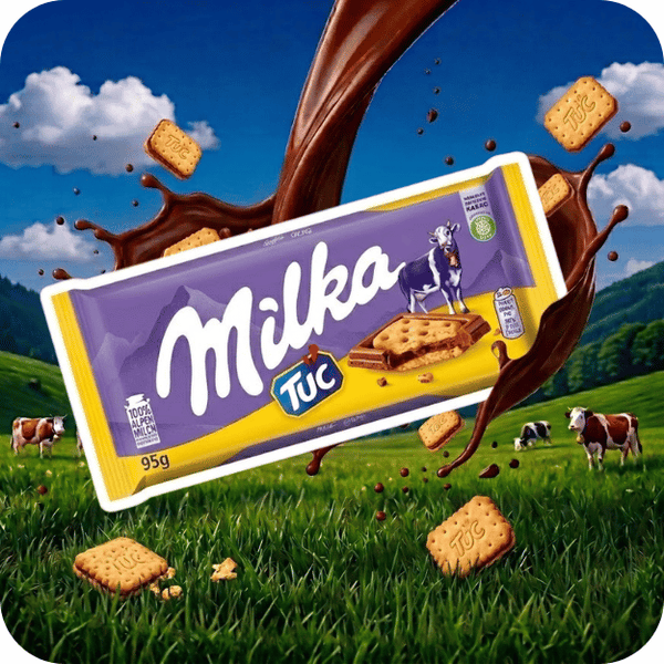Tablette Milka & TUC — chocolat au lait alpin avec biscuit crackers salés TUC, emballage violet et jaune